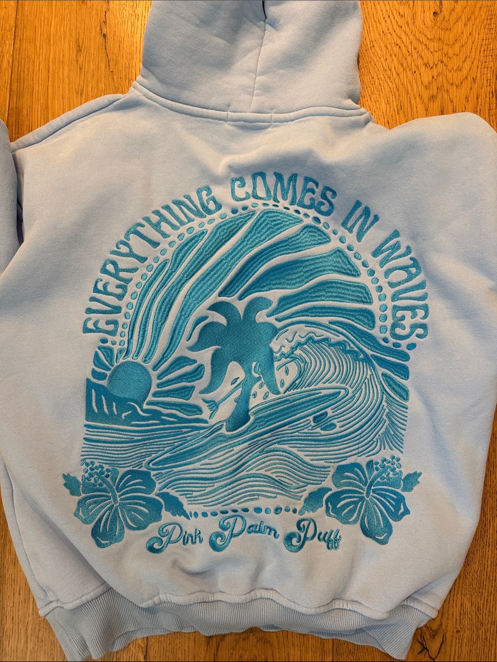Pink Palm Puff Light Blue “Everything Comes in Waves” Hoodie [has stains!] - Picture 5 of 8